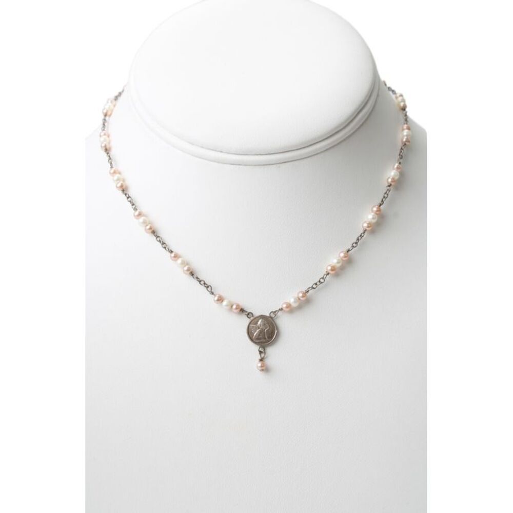 Designer Womens 925 Silver Pink/White Pearl Cherub Pendant Necklace 14" 5.4g